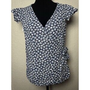 Old Navy Blue Floral Wrap Top Flutter Sleeve Size Medium linen blend